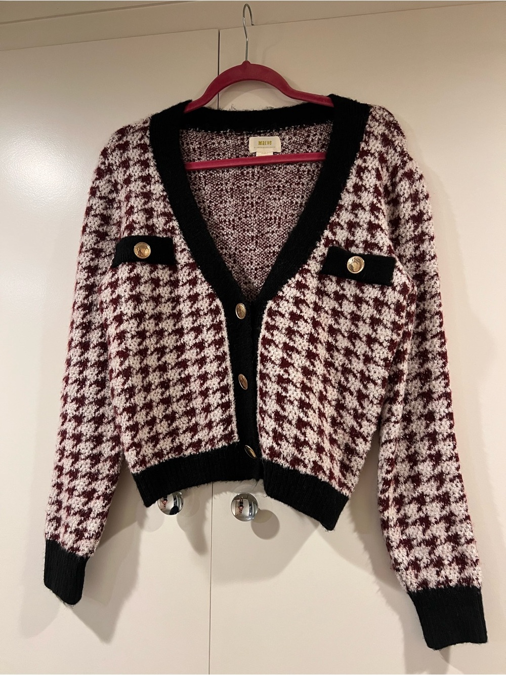 Anthropologie Burgundy, White & Black Houndstooth V-Neck Cardigan